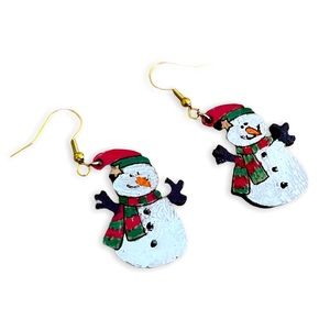 New Artisan Handmade Wooden Hand Painted 9k Gold Snowman Dangle Earrings